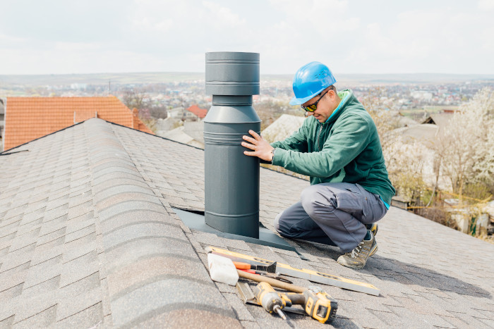 male worker with blue helmet installs an iron chimney